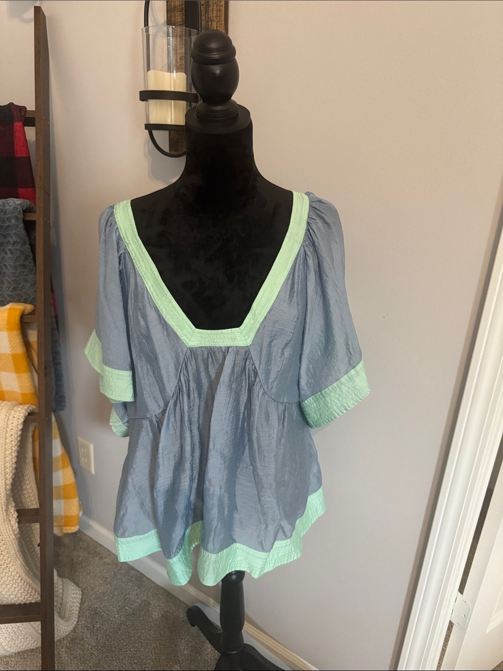 Anthropologie Light Blue Top with Mint Trim